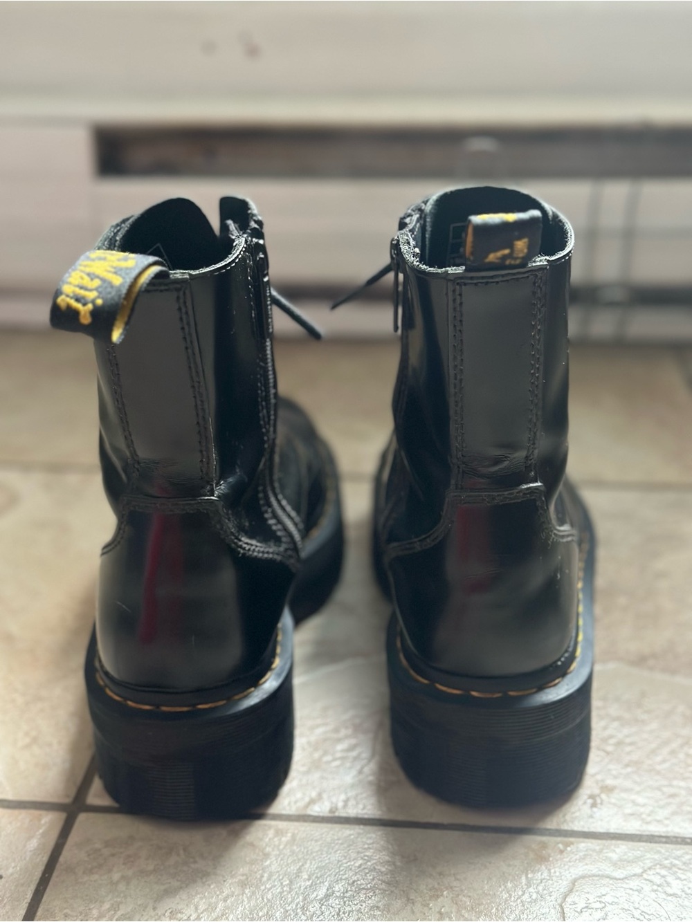 Dr. Martens Jadon Smooth Leather Platform Lace-Up Boots with Yellow Stitching - Picture 2 of 5